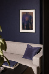 Patina VIII — Bruise. Blue-violet clouded shape on a copper ground, covered by fine vertical grain. Hung on a wall in a room. Shown framed. Frames and mounts are not included.