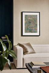 Forestry V — Bracken. Abstract sage-green field densely marked with coral, lilac and cream flecks. Hung on a wall in a room. Shown framed. Frames and mounts are not included.