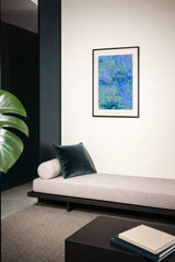 Glacier III — Relief. Patchy field of periwinkle and aqua with small pink and yellow dots, and a band of dark teal marks across the centre. Hung on a wall in a room. Shown framed. Frames and mounts are not included.
