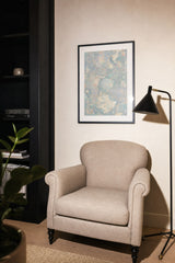 Forestry IX — Mound. Tiny pale blue and lilac fragments, with a large soft rounded form at the centre and cream masses beneath. Hung on a wall in a room. Shown framed. Frames and mounts are not included.