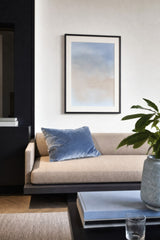 Ceramics XVII — Pewter. Grey-blue across the upper area and sand below, the two blending into each other without a hard edge. Hung on a wall in a room. Shown framed. Frames and mounts are not included.