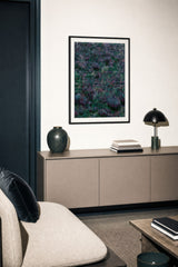 Forestry VII — Hollow. Small overlapping leaf shapes in deep green and plum, packed tightly, darker towards the top. Hung on a wall in a room. Shown framed. Frames and mounts are not included.