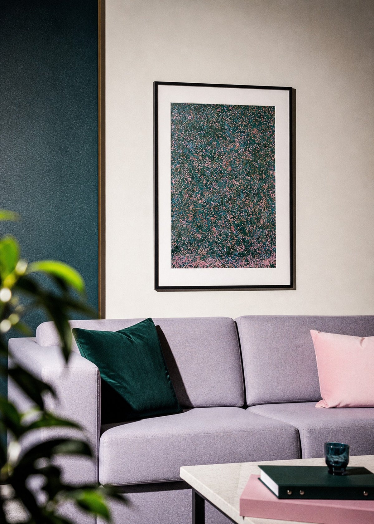 Dense dark green dotted field with pink flecks throughout, densest along the bottom edge. Shown framed. Frames and mounts are not included.