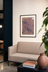 Patina II — Vein. Lilac and gold field scattered with small dots, crossed by dark broken veins. Hung on a wall in a room. Shown framed. Frames and mounts are not included.