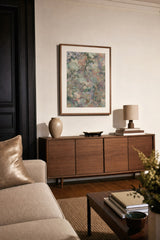 Botanics II — Mottle. Abstract mottling in coral, sage and cream, with lilac and teal at the edges. Hung on a wall in a room. Shown framed. Frames and mounts are not included.