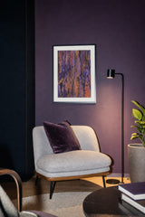Patina III — Ridge. Vertical ridged columns in violet, orange and gold, running the full height. Hung on a wall in a room. Shown framed. Frames and mounts are not included.