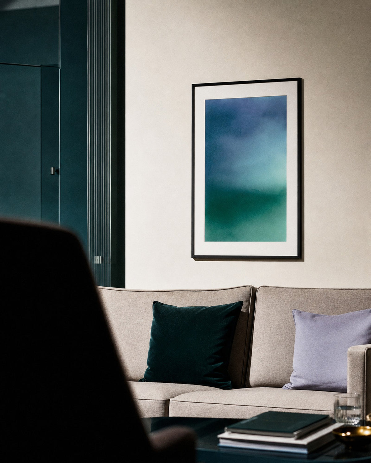 Navy upper field and deep green lower field split by a pale band with a hard lower edge, lightening again towards the foot. Shown framed. Frames and mounts are not included.