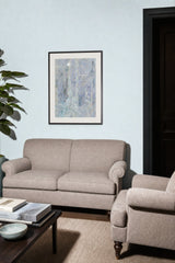 Glacier IV — Glint. Pale field of small vertical flecks in lavender, grey and white, with yellow specks and darker streaks near the left edge. Hung on a wall in a room. Shown framed. Frames and mounts are not included.