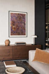 Patina I — Blush. Dense fine speckle in pink and lilac, with patches of ochre and cream showing through. Hung on a wall in a room. Shown framed. Frames and mounts are not included.