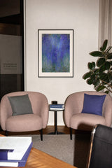 Impressions VI — Drift. Field of small flecks, violet through the centre and shifting to green and sand at the edges and lower area. Hung on a wall in a room. Shown framed. Frames and mounts are not included.