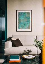 Impressions IV — Rust. Field of teal dots with rust flecks, densest at the left and right edges and sparsest through the centre. Hung on a wall in a room. Shown framed. Frames and mounts are not included.