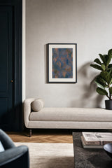 Patina XI — Overlap. Large overlapping blue-grey shapes with orange edges, filled with fine directional marks. Hung on a wall in a room. Shown framed. Frames and mounts are not included.