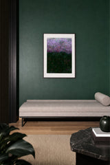 Partitions III — Hedge. Loose marks in lilac and pink across the upper half, dense deep green across the lower half with scattered pink flecks. Hung on a wall in a room. Shown framed. Frames and mounts are not included.