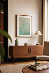 Botanics IX — Grain. A fine even texture of mint and apricot flecks, turning greener and denser at the bottom. Hung on a wall in a room. Shown framed. Frames and mounts are not included.
