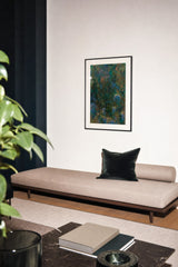 Forestry I — Thicket. Dense abstract mosaic of small green and olive flecks with lavender-blue patches at the lower corners. Hung on a wall in a room. Shown framed. Frames and mounts are not included.