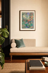 Botanics VII — Patch. Dense flecks of coral, mint and teal across the sheet, with paler open areas towards the upper left. Hung on a wall in a room. Shown framed. Frames and mounts are not included.