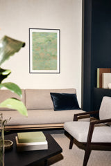 Forestry IV — Lichen. Abstract field of small green and mint dots with peach warming through and darker green near the top. Hung on a wall in a room. Shown framed. Frames and mounts are not included.
