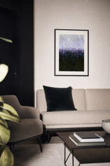 Partitions IV — Lavender. Speckle that runs from pale lilac and white at the top through violet and blue to dark olive at the bottom. Hung on a wall in a room. Shown framed. Frames and mounts are not included.
