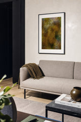 Patina XIV — Gilt. Small gold and olive facets, lighter at the upper left and darker towards the edges. Hung on a wall in a room. Shown framed. Frames and mounts are not included.