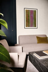 Impressions XII — Run. A magenta vertical band through the centre, flanked by olive green and coral, all finely flecked. Hung on a wall in a room. Shown framed. Frames and mounts are not included.