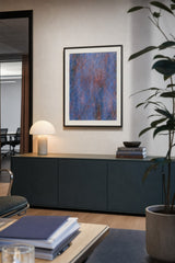 Impressions IX — Thread. Field of fine vertical blue marks with red threading through, denser towards the centre right. Hung on a wall in a room. Shown framed. Frames and mounts are not included.