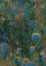 Forestry I — Thicket. Dense abstract mosaic of small green and olive flecks with lavender-blue patches at the lower corners. The unframed sheet.