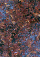 Patina XIII — Cinder. Torn rust-red and black shapes over blue-grey, scattered with gold specks. The unframed sheet.