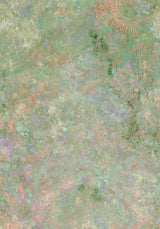 Botanics VI — Scrub. Abstract sage and olive field with coral speckle and darker green clumps near the top right. The unframed sheet.