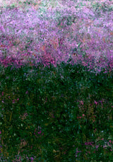 Partitions III — Hedge. Loose marks in lilac and pink across the upper half, dense deep green across the lower half with scattered pink flecks. The unframed sheet.