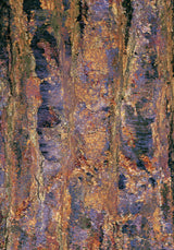 Patina IV — Furrow. Vertical channels of orange and tan over blue-grey, built from small tile-like marks. The unframed sheet.