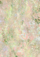 Botanics I — Blossom. Pale abstract in pink and peach with small green marks throughout and a soft swirl at the centre. The unframed sheet.