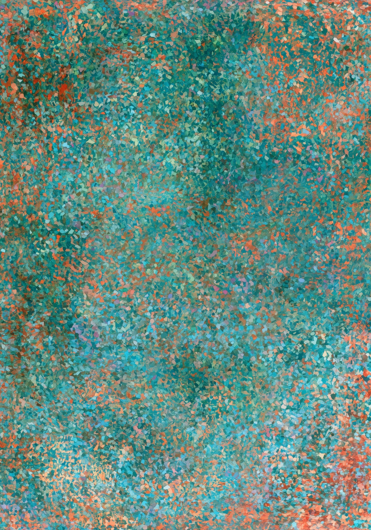 Field of teal dots with rust flecks, densest at the left and right edges and sparsest through the centre. Shown framed. Frames and mounts are not included.
