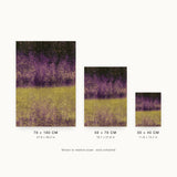 Partitions I — Divide. Dense small flecks in violet over near-black in the upper half, and olive gold flecks in the lower half, meeting in a soft line below the middle. Three sizes shown side by side to relative scale, unframed.
