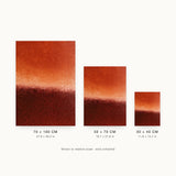 Ceramics IX — Crust. Rust orange upper area, a bright pale band across the middle, and dark red-brown below breaking into cracked grain. Three sizes shown side by side to relative scale, unframed.