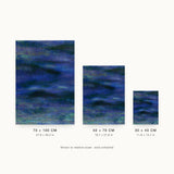 Glacier I — Swell. Horizontal bands of deep blue and violet built from small angular flecks, with green and pale blue at the top and bottom edges. Three sizes shown side by side to relative scale, unframed.
