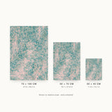 Impressions II — Shoal. Field of pink and teal vertical streaks with a paler pink diagonal drift through the centre. Three sizes shown side by side to relative scale, unframed.