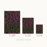 Partitions VI — Tangle. Dense angular shards of magenta, violet, olive and dark green, with two straight horizontal breaks across the lower half. Three sizes shown side by side to relative scale, unframed.