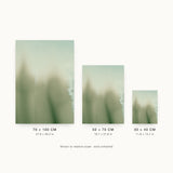 Ceramics XII — Blur. Pale mint sheet, grainy at the top, with soft blurred olive shapes rising from the lower edge. Three sizes shown side by side to relative scale, unframed.