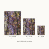 Patina V — Fissure. Ridged surface in violet and yellow with a pale cream column at the left. Three sizes shown side by side to relative scale, unframed.