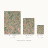 Impressions X — Weave. Abstract in grey-green with dense salmon and cream flecking in short vertical marks. Three sizes shown side by side to relative scale, unframed.