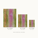 Impressions XII — Run. A magenta vertical band through the centre, flanked by olive green and coral, all finely flecked. Three sizes shown side by side to relative scale, unframed.