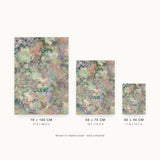 Botanics II — Mottle. Abstract mottling in coral, sage and cream, with lilac and teal at the edges. Three sizes shown side by side to relative scale, unframed.