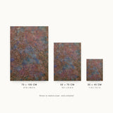 Patina VI — Copper. Dense copper-brown texture with patches of blue-grey underneath. Three sizes shown side by side to relative scale, unframed.