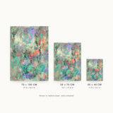 Botanics VII — Patch. Dense flecks of coral, mint and teal across the sheet, with paler open areas towards the upper left. Three sizes shown side by side to relative scale, unframed.