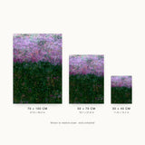 Partitions III — Hedge. Loose marks in lilac and pink across the upper half, dense deep green across the lower half with scattered pink flecks. Three sizes shown side by side to relative scale, unframed.
