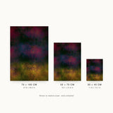 Partitions II — Ember. Dark field of crimson and navy clouds over black, with ochre and olive speckle across the bottom third. Three sizes shown side by side to relative scale, unframed.