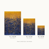 Impressions XIII — Spark. A gold upper area over deep blue, with gold flecks rising into the blue and thinning as they go. Three sizes shown side by side to relative scale, unframed.