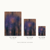 Patina VIII — Bruise. Blue-violet clouded shape on a copper ground, covered by fine vertical grain. Three sizes shown side by side to relative scale, unframed.