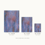Impressions IX — Thread. Field of fine vertical blue marks with red threading through, denser towards the centre right. Three sizes shown side by side to relative scale, unframed.