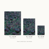 Forestry VII — Hollow. Small overlapping leaf shapes in deep green and plum, packed tightly, darker towards the top. Three sizes shown side by side to relative scale, unframed.